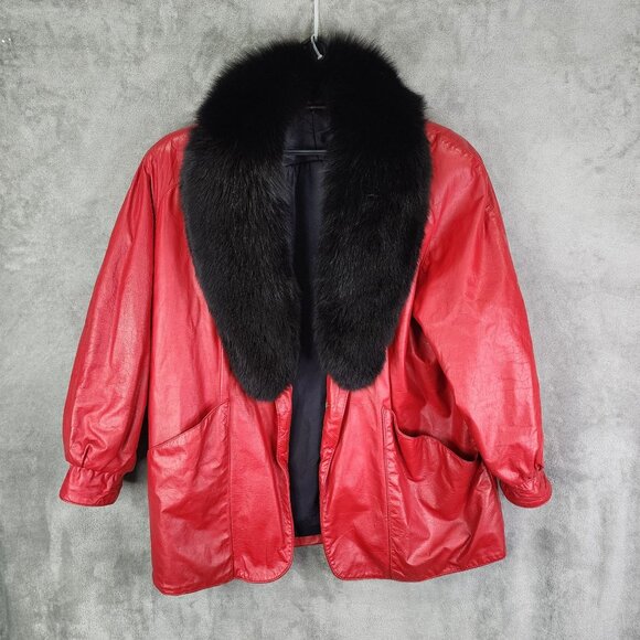 Vintage Red Leather Coat with Black Fox Fur Collar & Large Pockets Size XXL - Picture 2 of 10